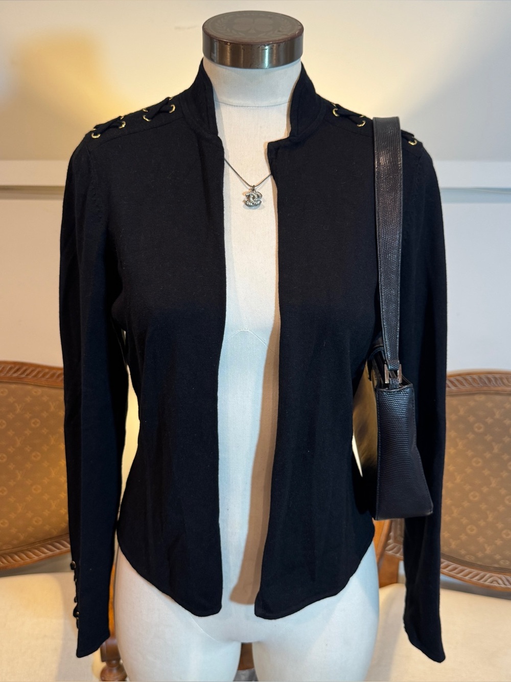 Vintage Cache Black Silk-Blend Open Front Cardigan Sweater Corset Lace-Up Detail